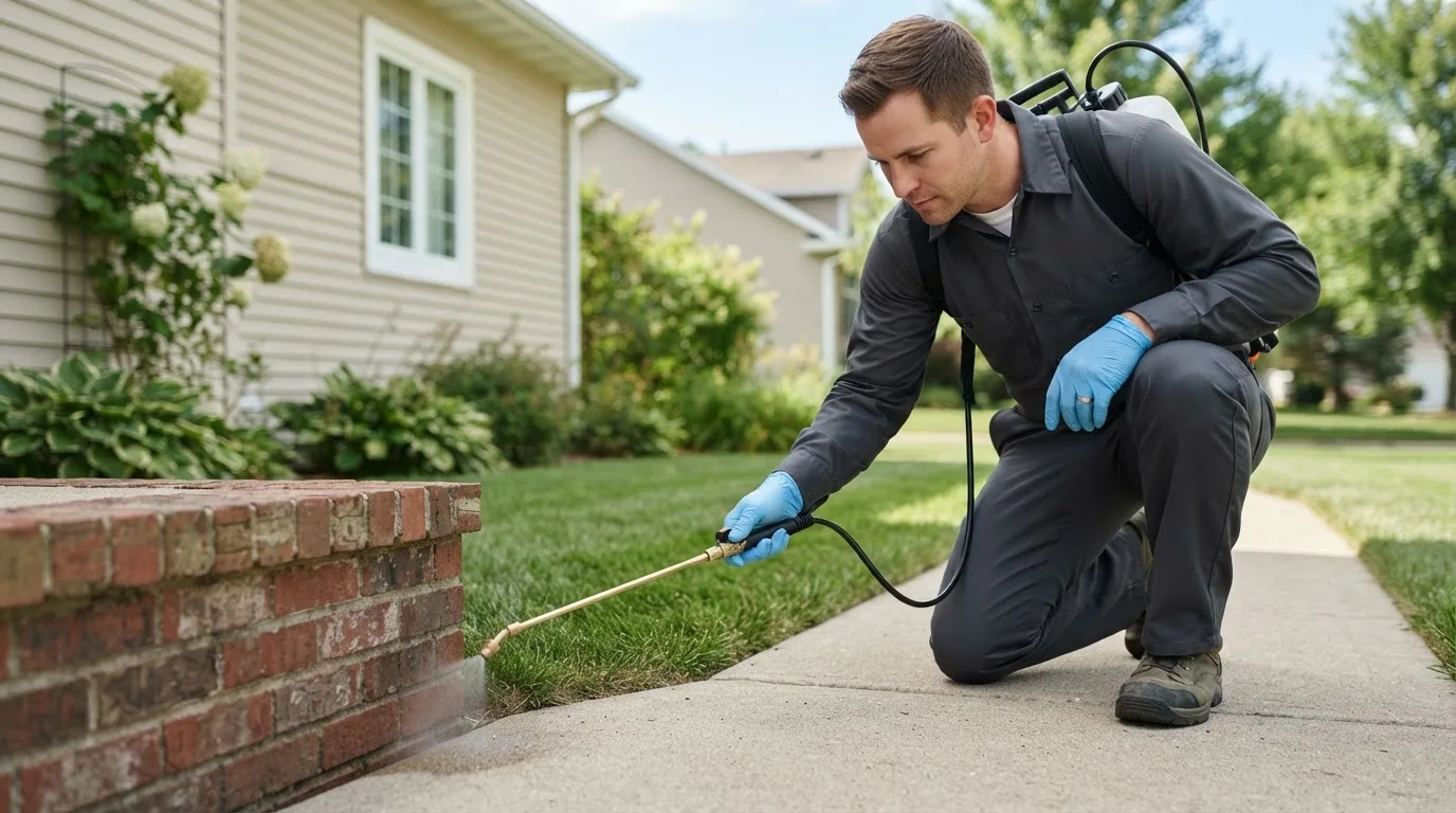 Pest control technician treating a home near Trumbull, NE