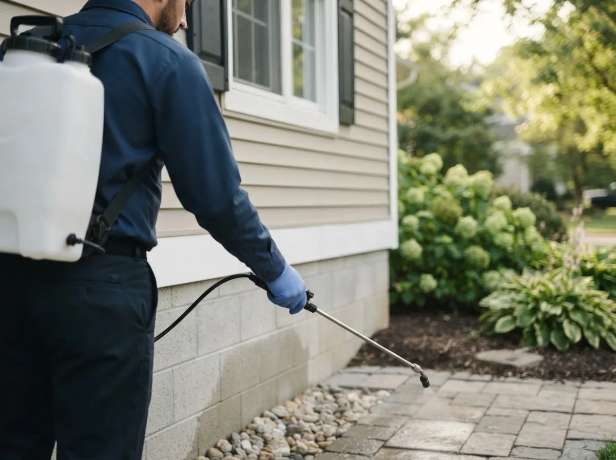 Pest control technician inspecting a home in Trumbull, NE